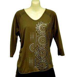 Calvin Klein 3/4 Sleeve Top with Studs and Ruching,‎ Olive, Size M